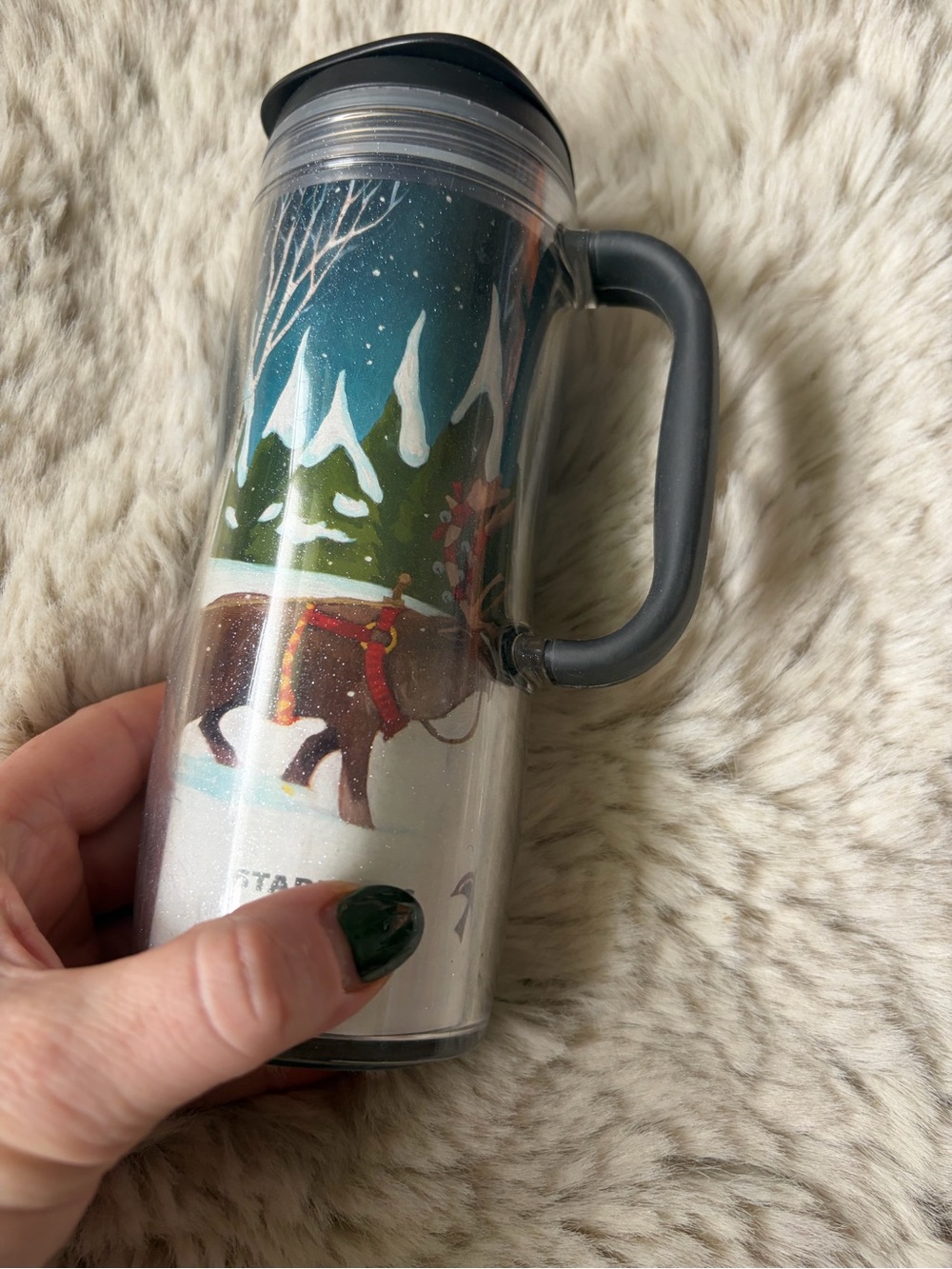 Starbucks Dark Green and White Reindeer Travel Mug with Gray Handle